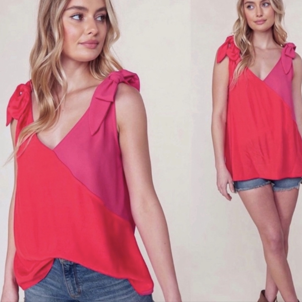 V-Neck Color Block Red/Fuchsia Woven Tied Shoulder Blouse Tank Top SMALL